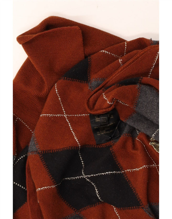 Vintage Womens Polo Neck Jumper Sweater EU 38 Medium Brown Argyle/Diamond