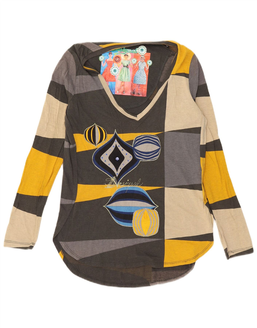 Desigual Womens Graphic Top Long Sleeve UK 14 Medium Multicoloured