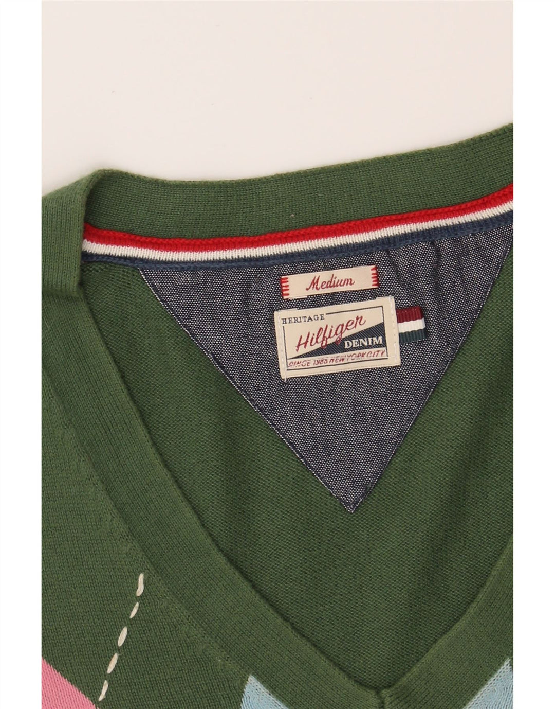 TOMMY HILFIGER Mens Heritage V-Neck Jumper Sweater Medium Green Vintage Tommy Hilfiger and Second-Hand Tommy Hilfiger from Messina Hembry 