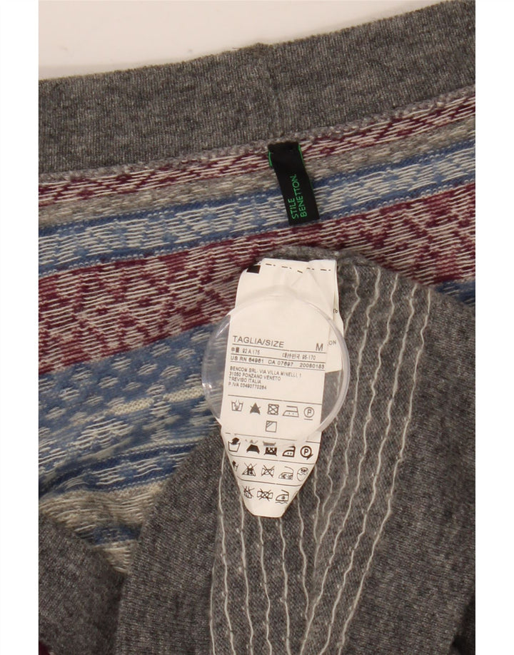 Benetton Womens Cardigan Sweater UK 14 Medium Grey Fair Isle Wool