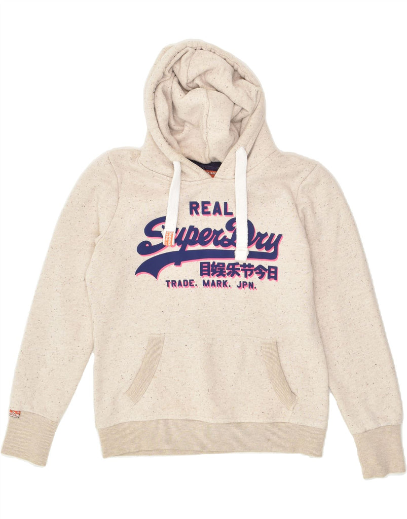 SUPERDRY Womens Graphic Hoodie Jumper UK 14 Medium Beige Flecked Cotton | Vintage Superdry | Thrift | Second-Hand Superdry | Used Clothing | Messina Hembry 