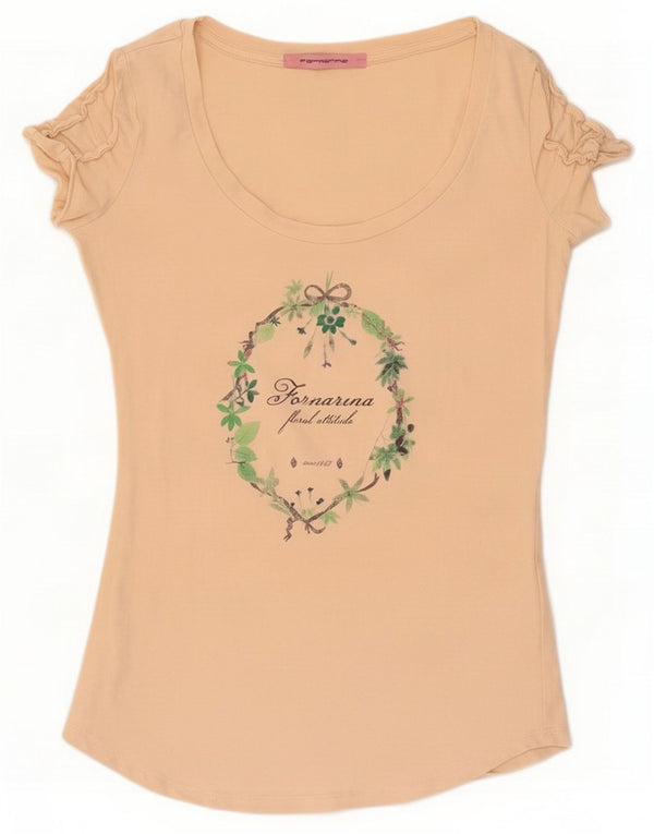 Fornarina Womens Graphic T-Shirt Top UK 10 Small Beige Cotton