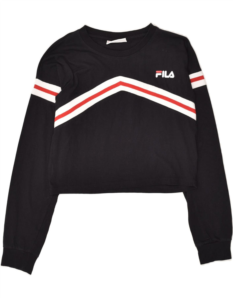 FILA Womens Graphic Crop Sweatshirt Jumper UK 14 Medium Black Cotton | Vintage Fila | Thrift | Second-Hand Fila | Used Clothing | Messina Hembry 