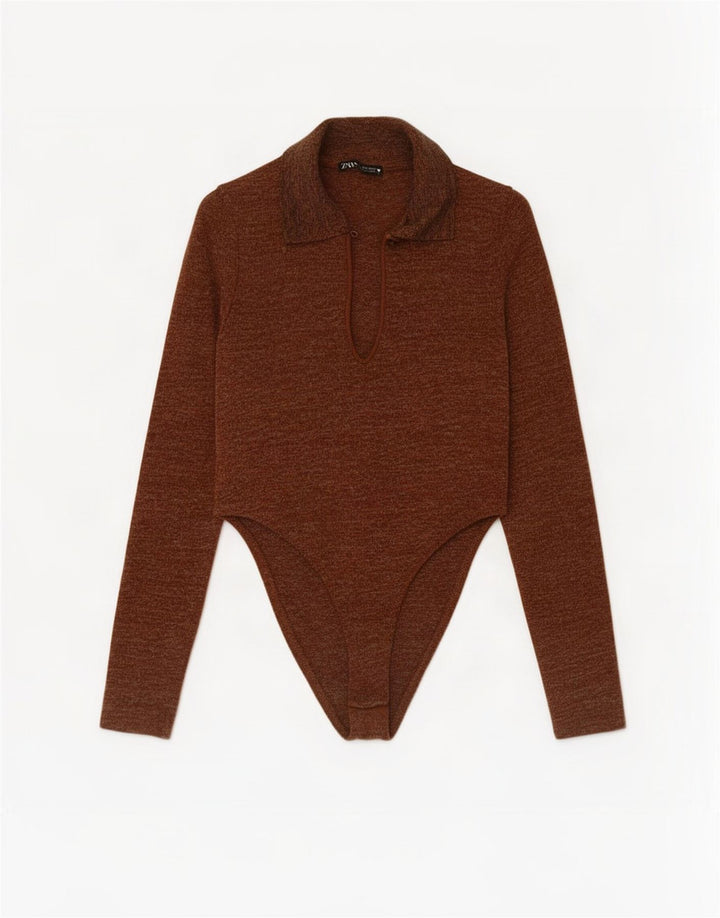 Zara Womens Long Sleeve Bodysuit UK 8 Small Brown Flecked Polyester