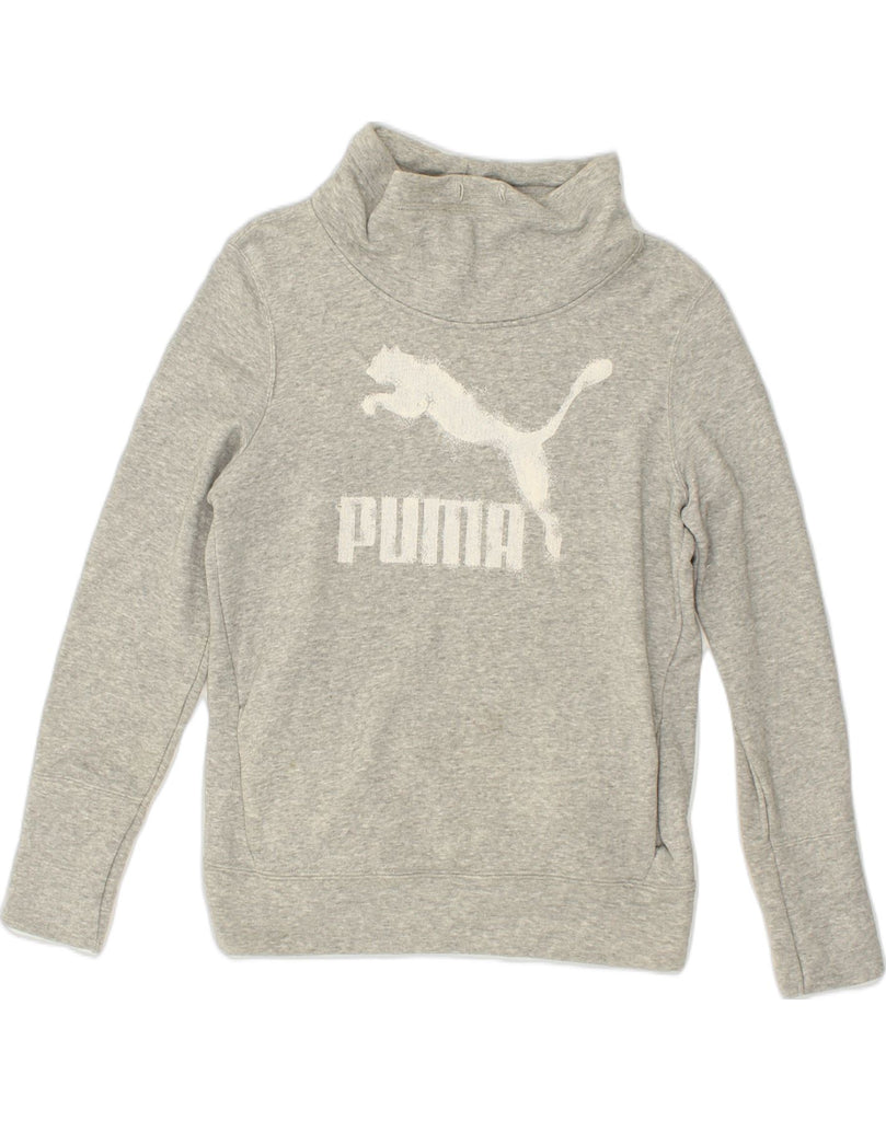 PUMA Womens Graphic Roll Neck Sweatshirt Jumper UK 12 Medium Grey Cotton | Vintage Puma | Thrift | Second-Hand Puma | Used Clothing | Messina Hembry 