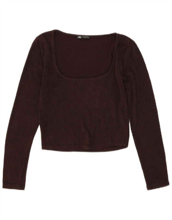 Zara Womens Crop Top Long Sleeve UK 12 Medium Brown Polyester