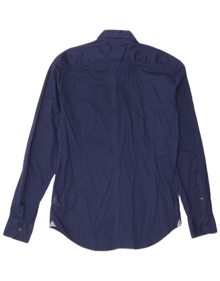 HENRY COTTONS Mens Shirt Size 39 Medium Navy Blue Spotted Cotton