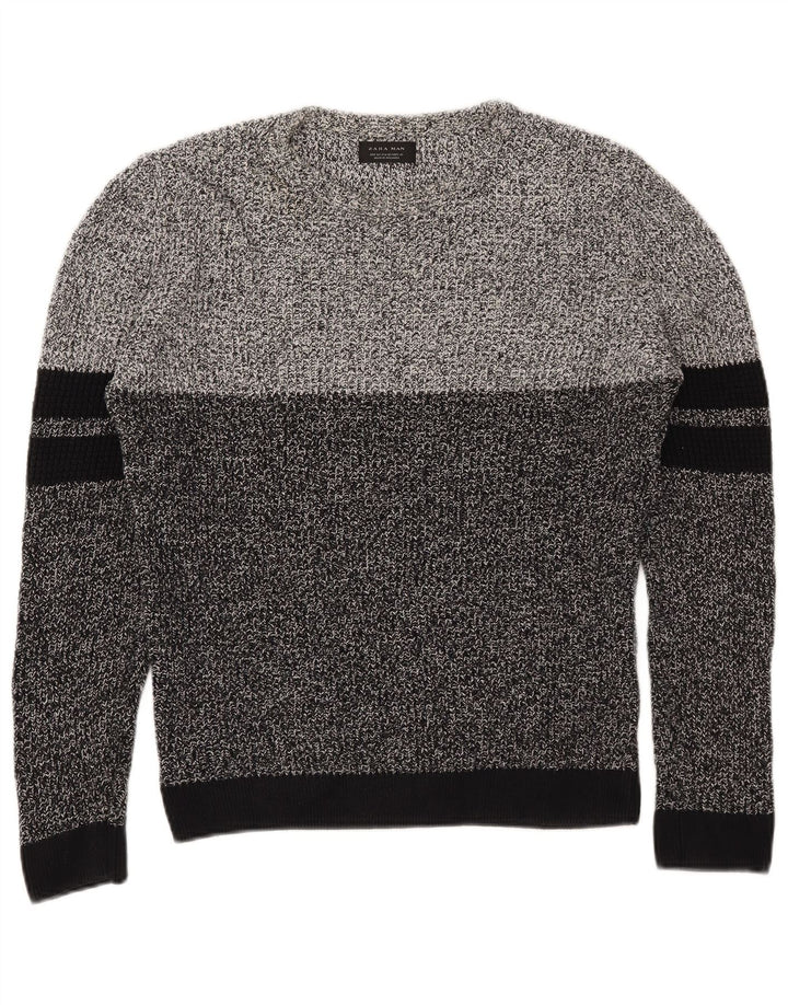 Zara Mens Crew Neck Jumper Sweater Medium Grey Colourblock Cotton
