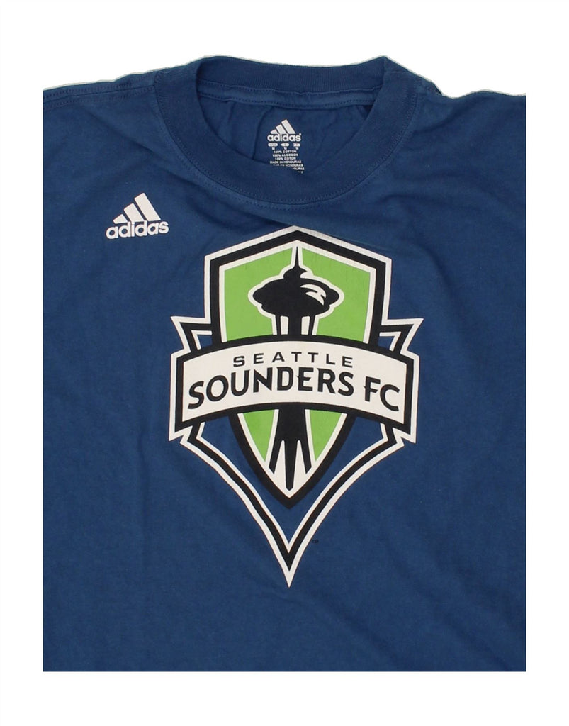 ADIDAS Mens Seattle Sounders FC Graphic T-Shirt Top Medium Blue Cotton Vintage Adidas and Second-Hand Adidas from Messina Hembry 