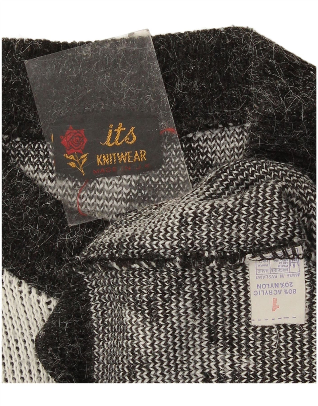 Vintage Womens Abstract Pattern Crew Neck Jumper Sweater UK 14 Large Black