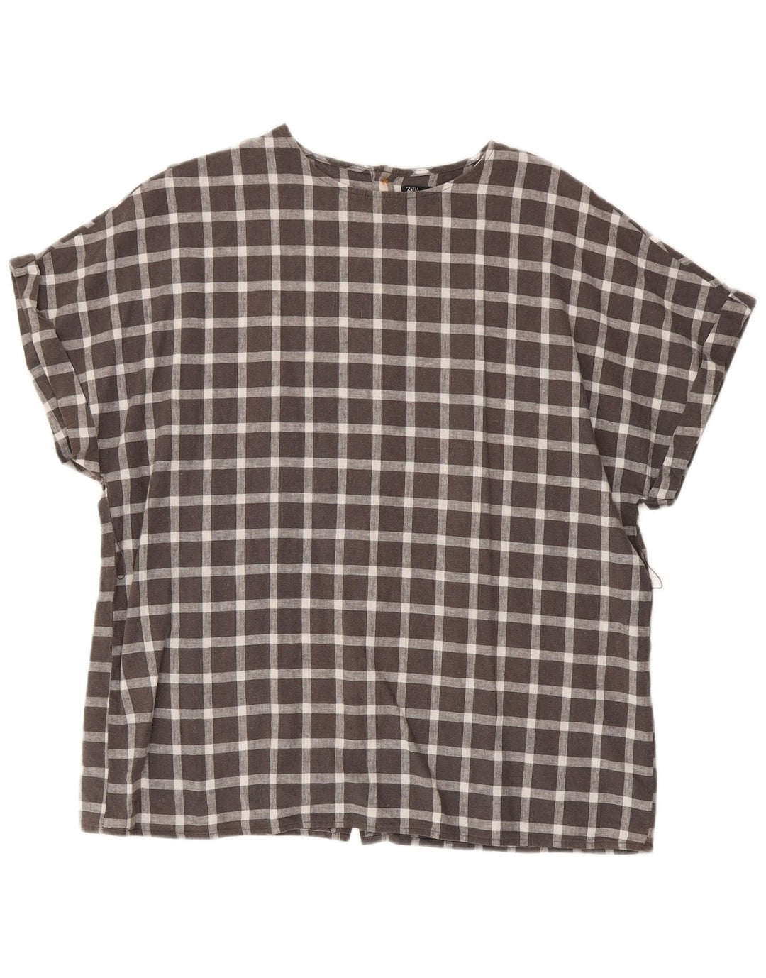 Zara Womens Short Sleeve Oversized Shirt Blouse UK 14 Medium Grey Check