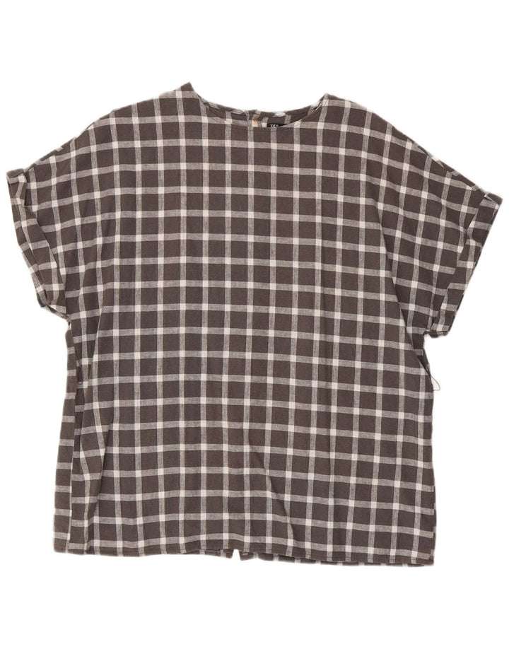Zara Womens Short Sleeve Oversized Shirt Blouse UK 14 Medium Grey Check