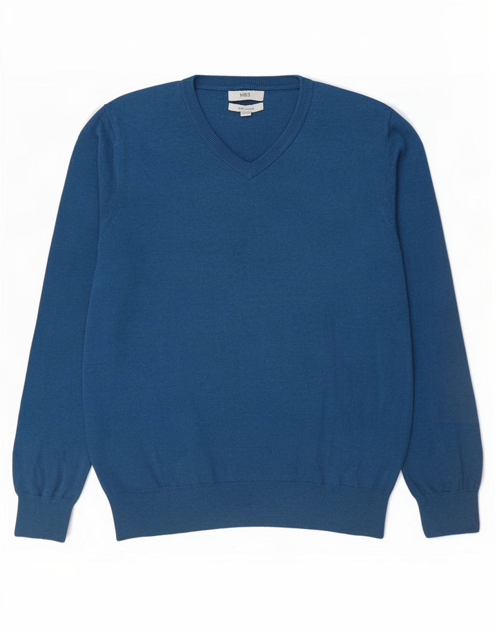 Marks & Spencer Mens V-Neck Jumper Sweater Large Blue Cotton