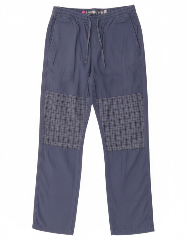 Think Pink Mens Straight Trousers Medium W32 L32 Navy Blue Check Cotton