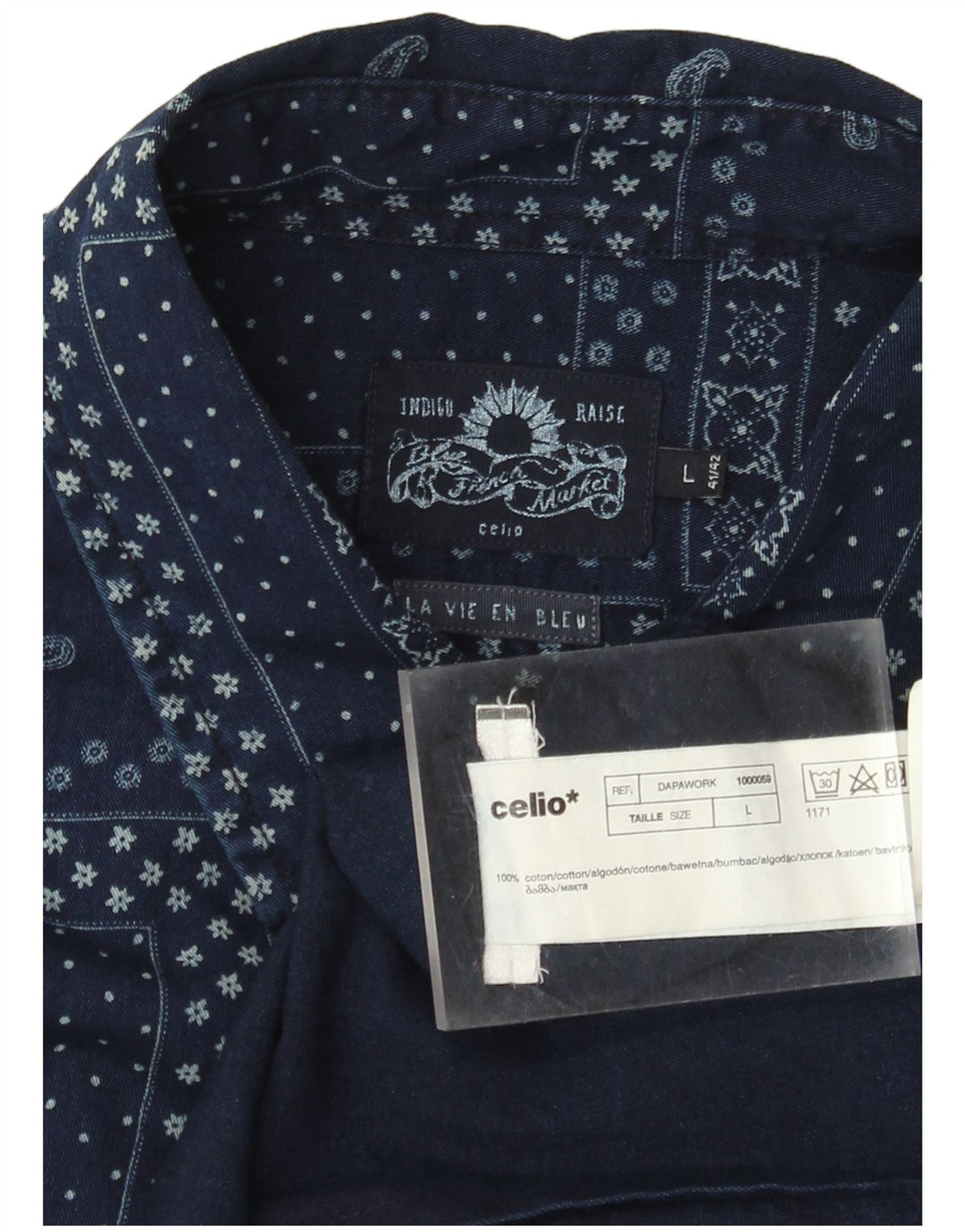 Celio Mens Indigo Short Sleeve Shirt Large Navy Blue Patchwork Cotton