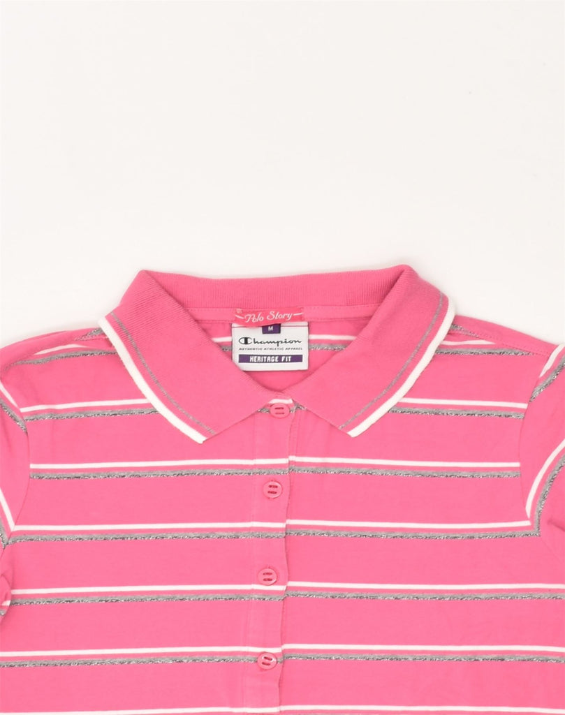 CHAMPION Womens Herritage Fit Polo Shirt UK 12 Medium Pink Striped Cotton | Vintage Champion | Thrift | Second-Hand Champion | Used Clothing | Messina Hembry 