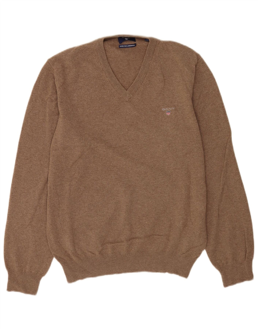Gant Mens V-Neck Jumper Sweater Medium Brown Lambswool