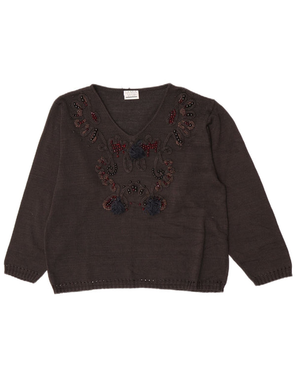 Vintage Womens Crop V-Neck Jumper Sweater UK 16 Large Brown Geometric