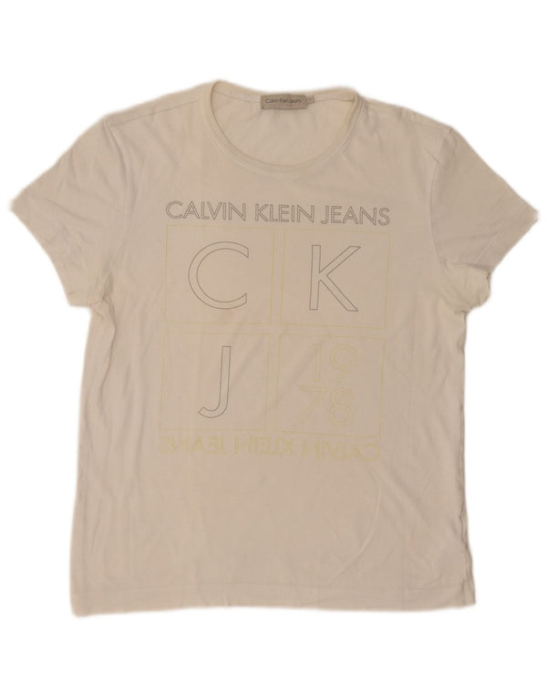 Calvin Klein Jeans Womens Graphic T-Shirt Top UK 14 Large Off White Cotton