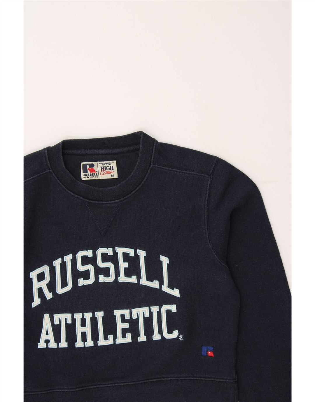 RUSSELL ATHLETIC Womens Crop Sweatshirt Jumper UK 14 Medium Navy Blue Vintage Russell Athletic and Second-Hand Russell Athletic from Messina Hembry 