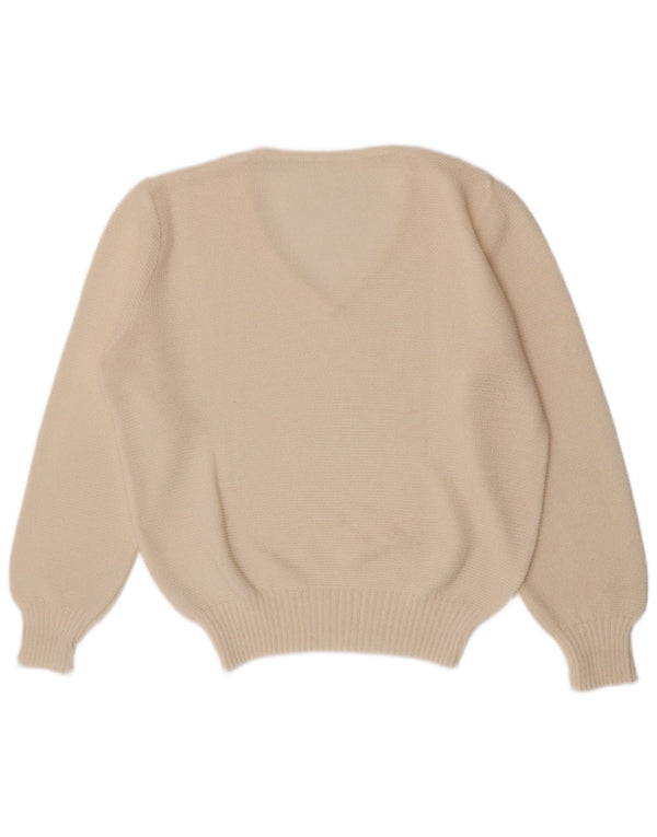 Vintage Womens Regular Fit V-Neck Jumper Sweater UK 10 Small White Acrylic