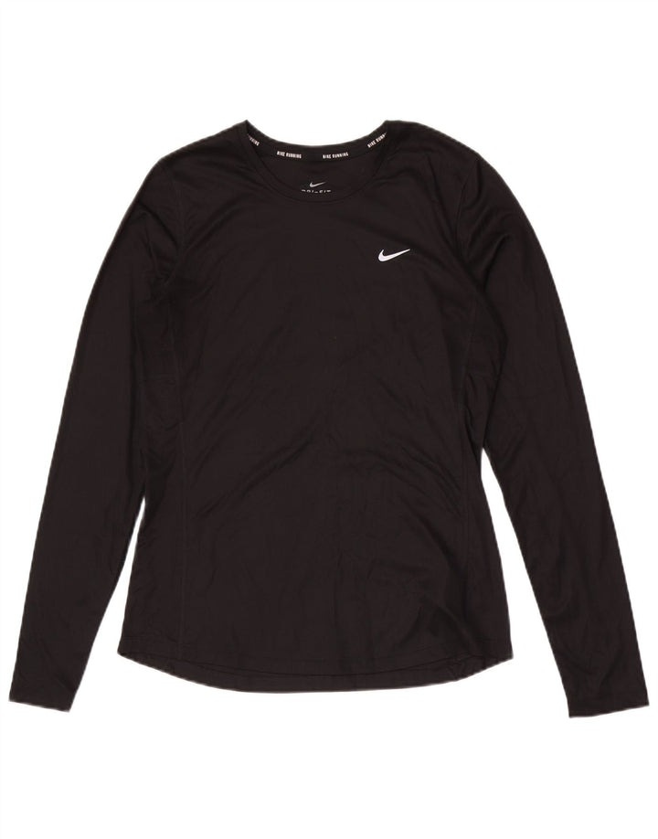 NIKE Womens Dri Fit Top Long Sleeve UK 12 Medium Black Polyester
