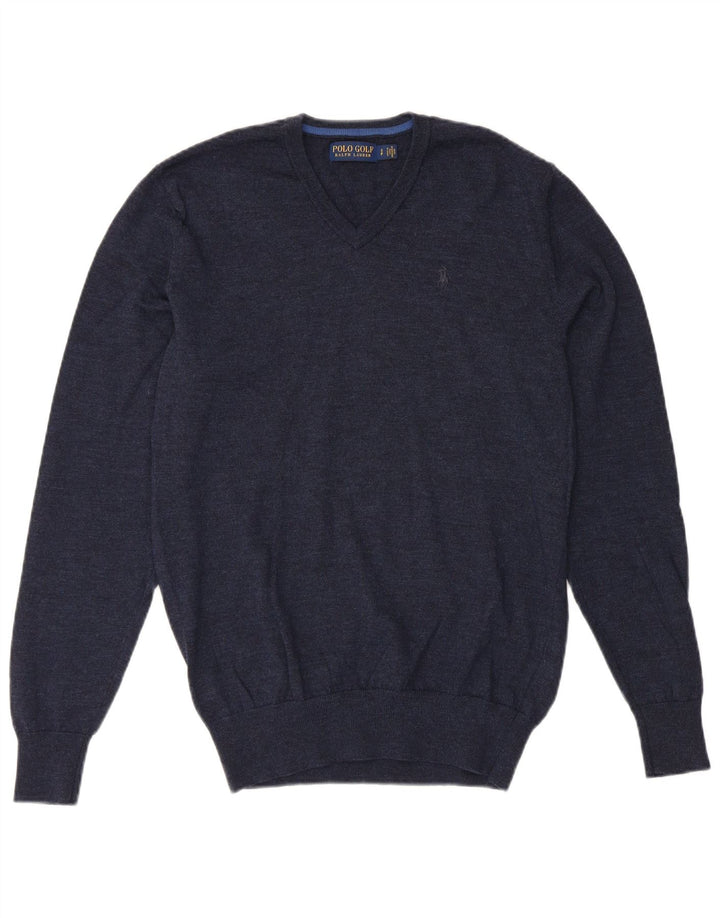 POLO RALPH LAUREN Mens V-Neck Jumper Sweater Small Navy Blue Merino Wool