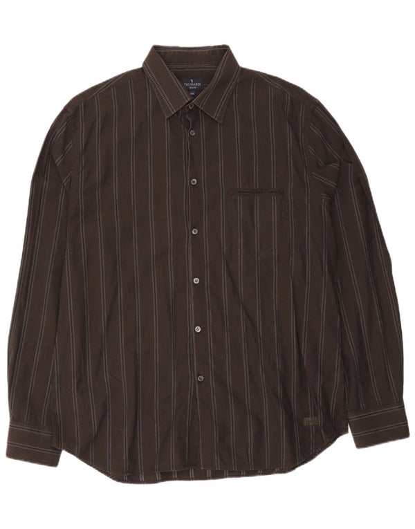 Trussardi Jeans Mens Shirt 2XL Brown Striped Cotton