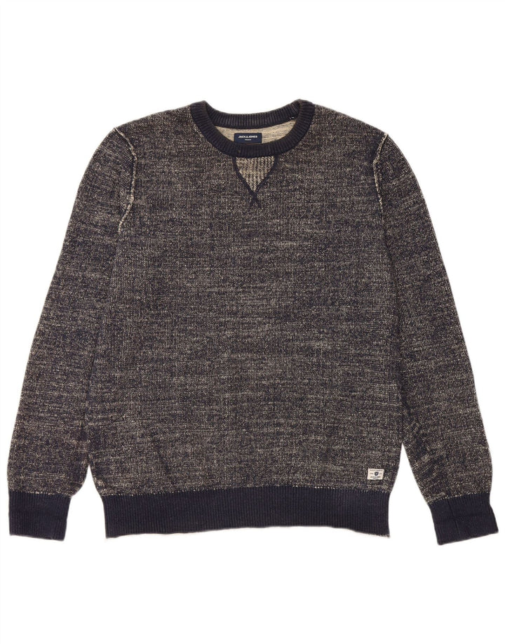 JACK & JONES Mens Crew Neck Jumper Sweater Medium Navy Blue Flecked Cotton