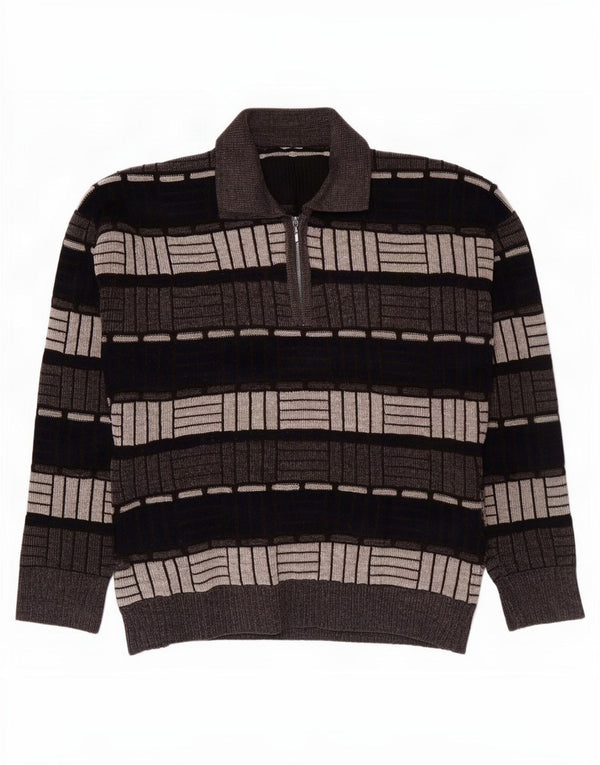 Vintage Mens Polo Neck Jumper Sweater Medium Grey Geometric