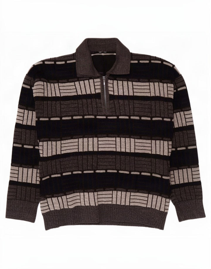 Vintage Mens Polo Neck Jumper Sweater Medium Grey Geometric