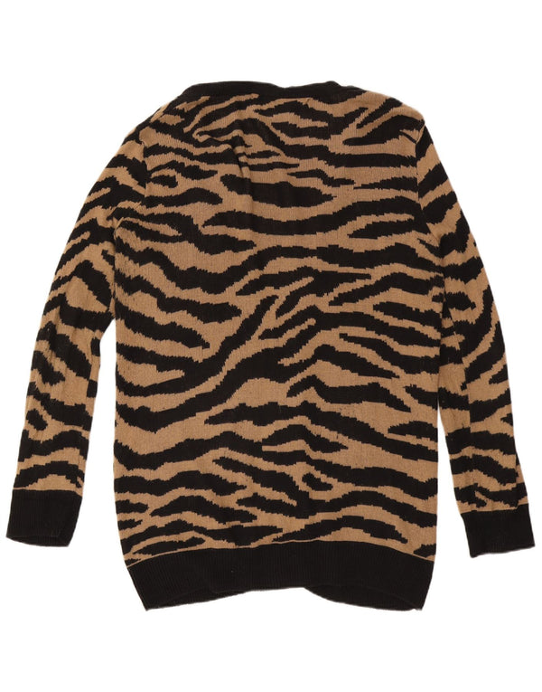 Zara Womens Longline Cardigan Sweater UK 16 Large Brown Animal Print Cotton