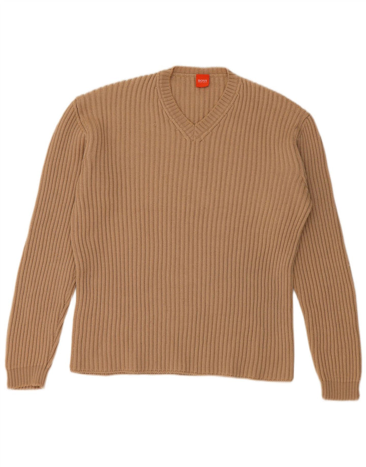 Hugo Boss Mens V-Neck Jumper Sweater Medium Beige