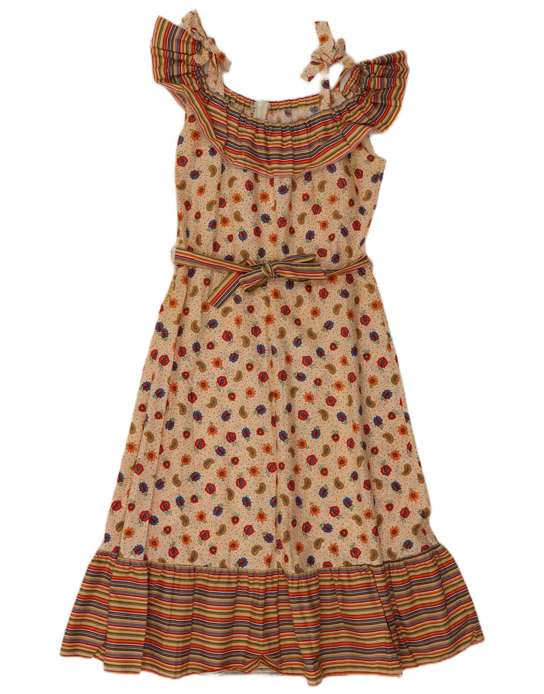 VINTAGE Womens Sleeveless A-Line Dress EU 36 Small Beige Paisley Cotton