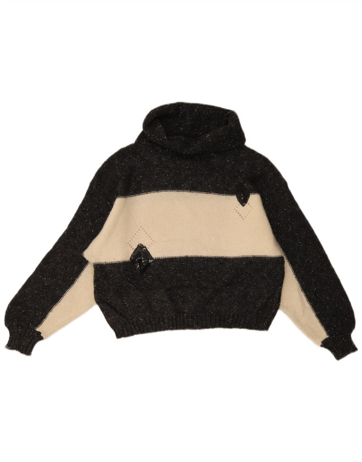Vintage Womens Roll Neck Jumper Sweater UK 14 Medium Black Colourblock Wool