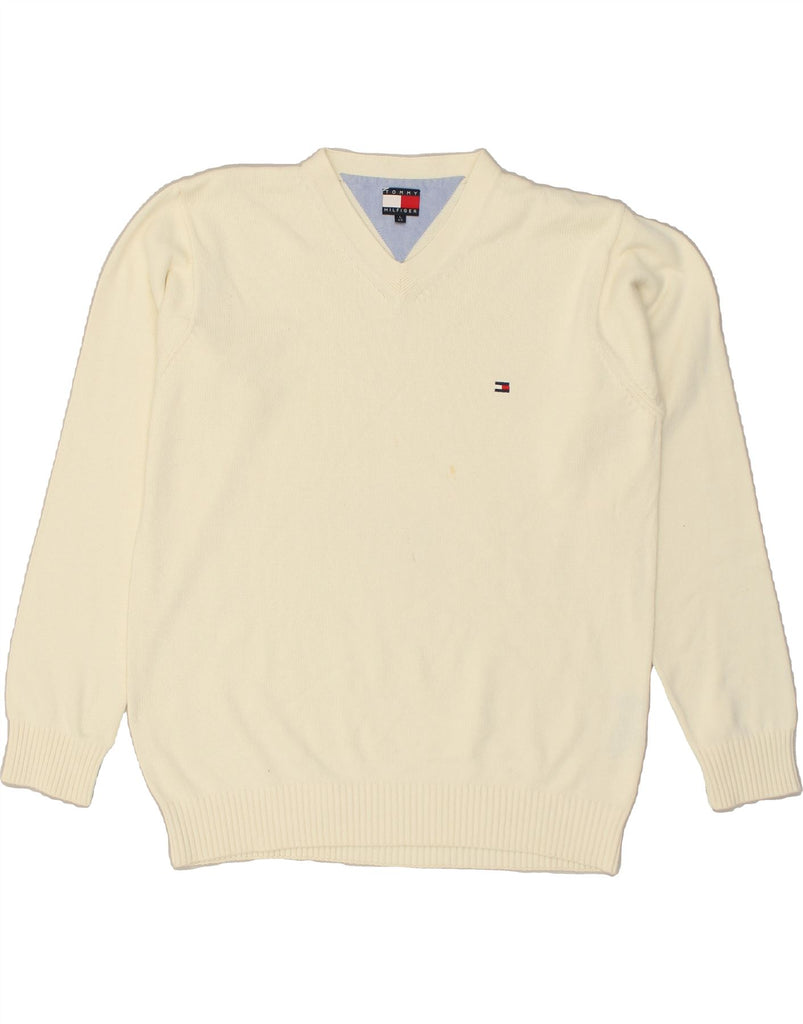 TOMMY HILFIGER Mens V-Neck Jumper Sweater Large Off White Cotton | Vintage Tommy Hilfiger | Thrift | Second-Hand Tommy Hilfiger | Used Clothing | Messina Hembry 