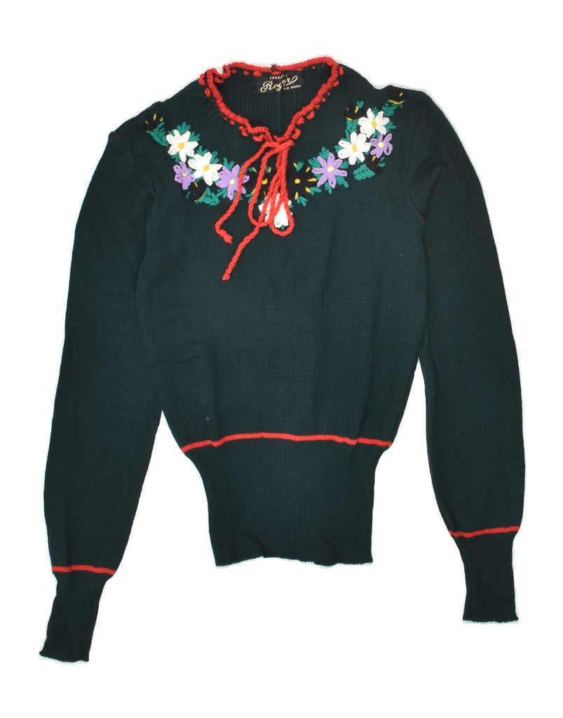 VINTAGE Womens V-Neck Jumper Sweater UK 8 Small Green Floral | Vintage Vintage | Thrift | Second-Hand Vintage | Used Clothing | Messina Hembry 