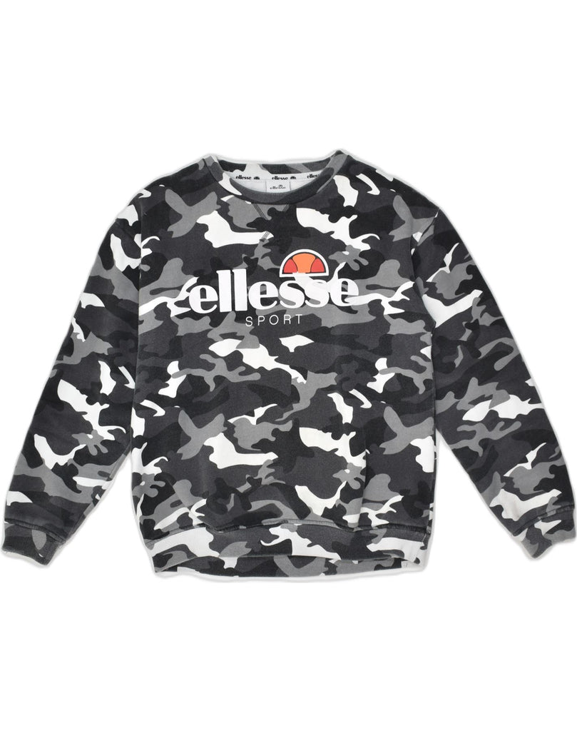 ELLESSE Womens Graphic Sweatshirt Jumper UK 12 Medium Grey Camouflage | Vintage Ellesse | Thrift | Second-Hand Ellesse | Used Clothing | Messina Hembry 