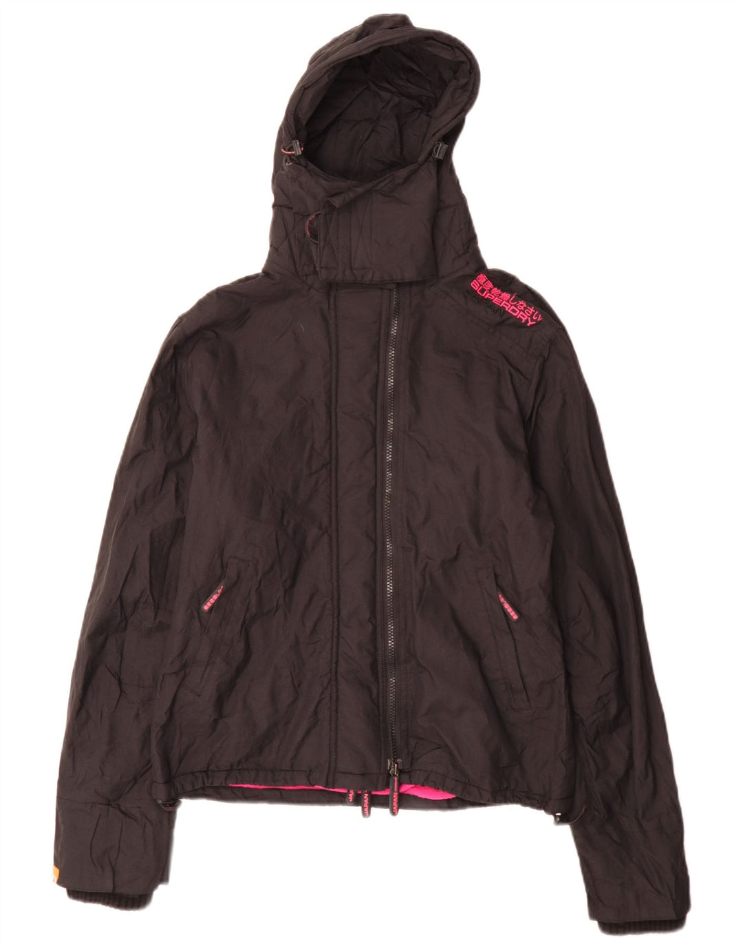 Superdry Womens Hooded Windbreaker Jacket UK 16 Large Black Nylon