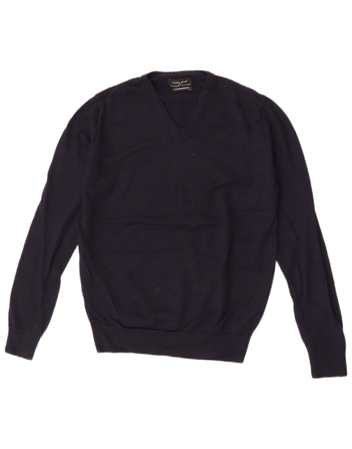 Zara Mens V-Neck Jumper Sweater Medium Navy Blue Wool