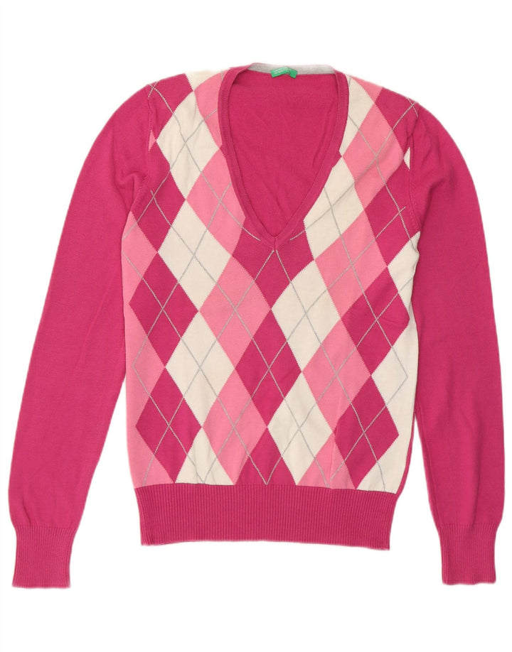Benetton Womens V-Neck Jumper Sweater UK 12 Medium Pink Argyle/Diamond