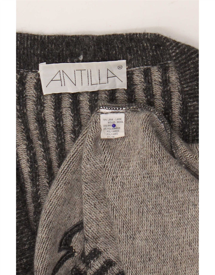 Vintage Womens Longline Cardigan Sweater UK 14 Medium Grey Striped Wool