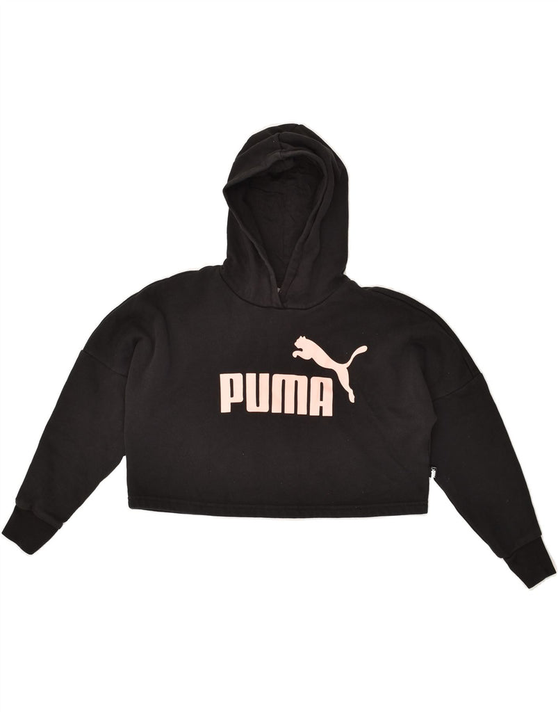 PUMA Girls Crop Graphic Hoodie Jumper 9-10 Years Black Vintage Puma and Second-Hand Puma from Messina Hembry 