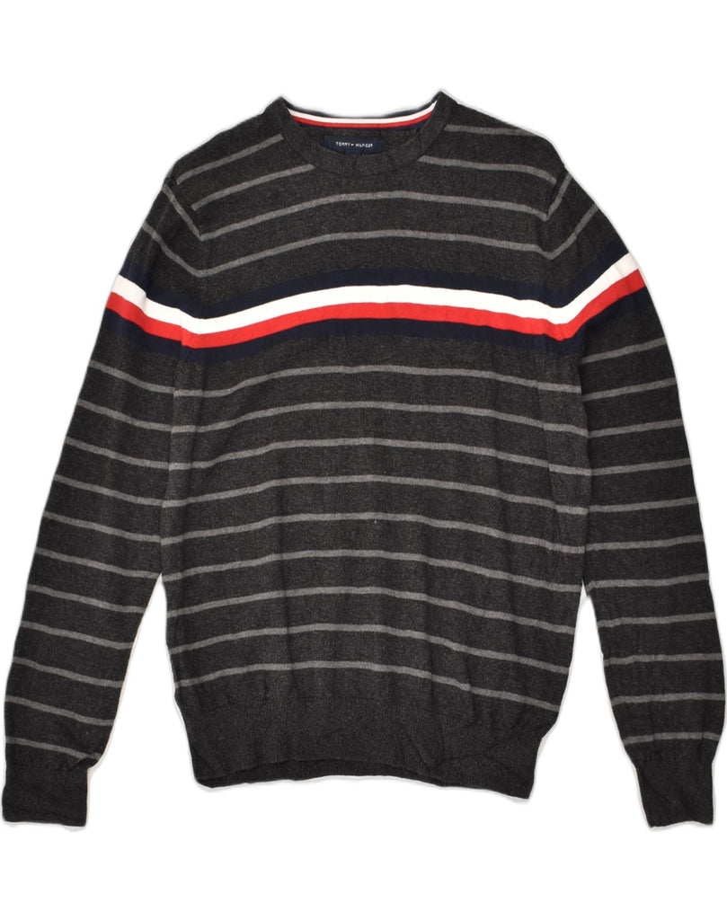 TOMMY HILFIGER Mens Boat Neck Jumper Sweater Small Grey Striped Cotton | Vintage Tommy Hilfiger | Thrift | Second-Hand Tommy Hilfiger | Used Clothing | Messina Hembry 