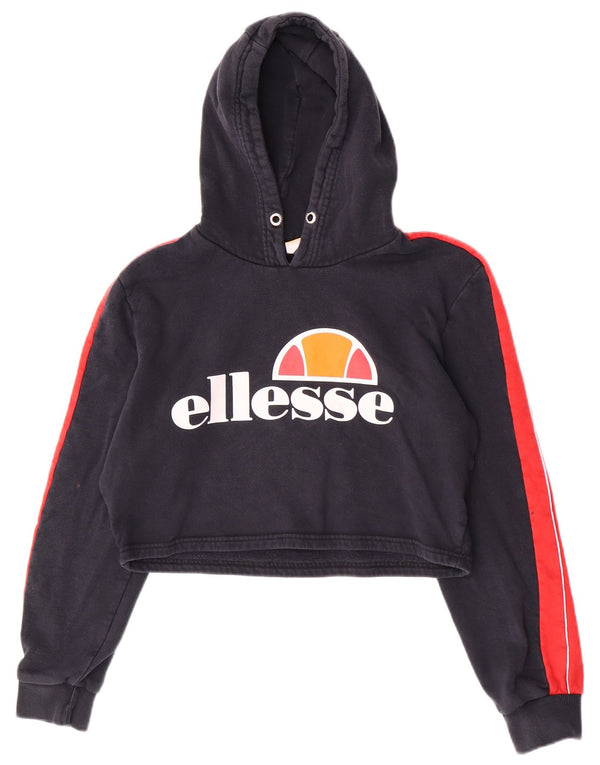 Ellesse Womens Graphic Crop Hoodie Jumper UK 14 Large Navy Blue Colourblock