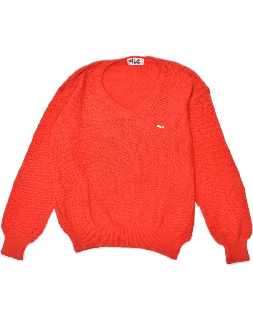 FILA Mens V-Neck Jumper Sweater IT 48 Medium Red Cotton | Vintage | Thrift | Second-Hand | Used Clothing | Messina Hembry 