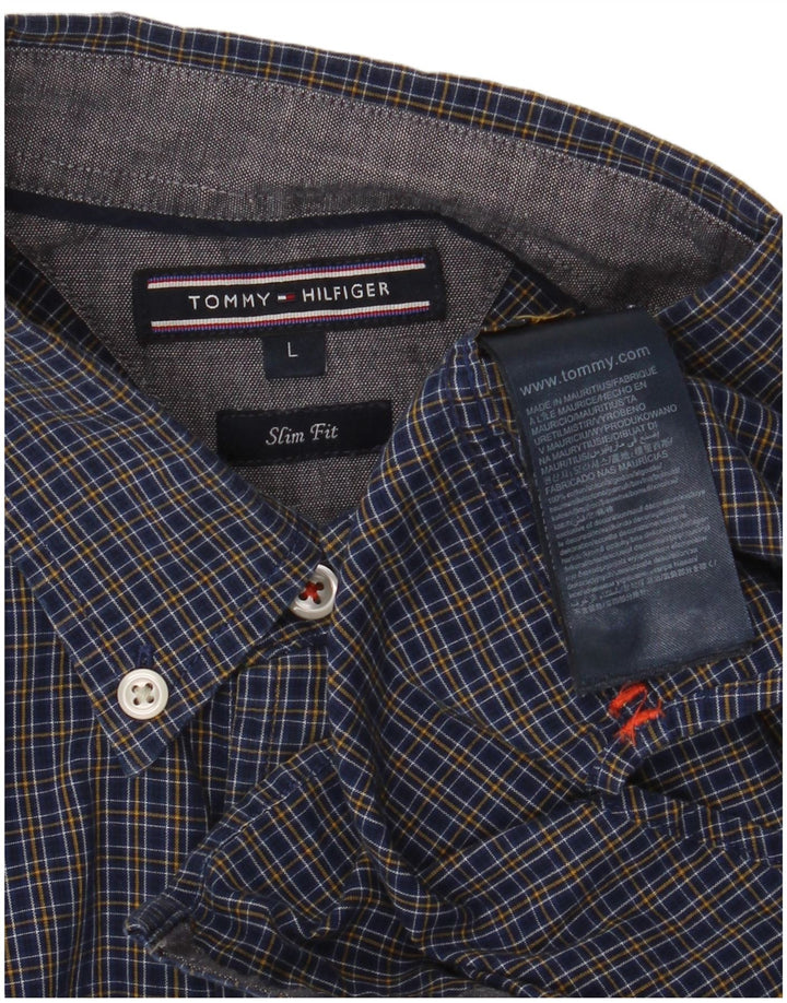 Tommy Hilfiger Mens Slim Fit Shirt Large Navy Blue Check Cotton
