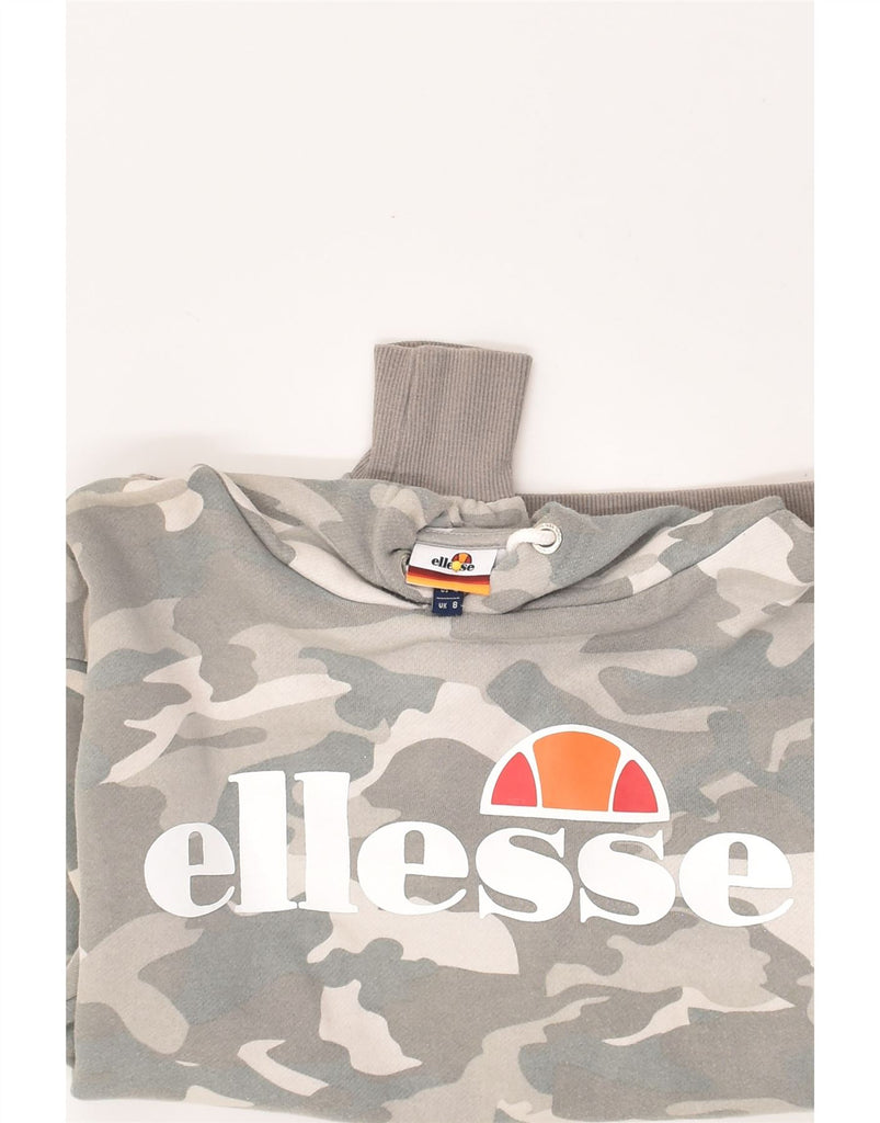 ELLESSE Womens Graphic Hoodie Jumper UK 8 Small Grey Camouflage Cotton | Vintage Ellesse | Thrift | Second-Hand Ellesse | Used Clothing | Messina Hembry 