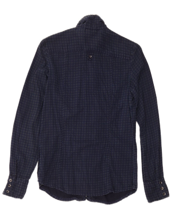 Gas Womens Ruffle Front Shirt UK 2 2XS Navy Blue Spotted Cotton