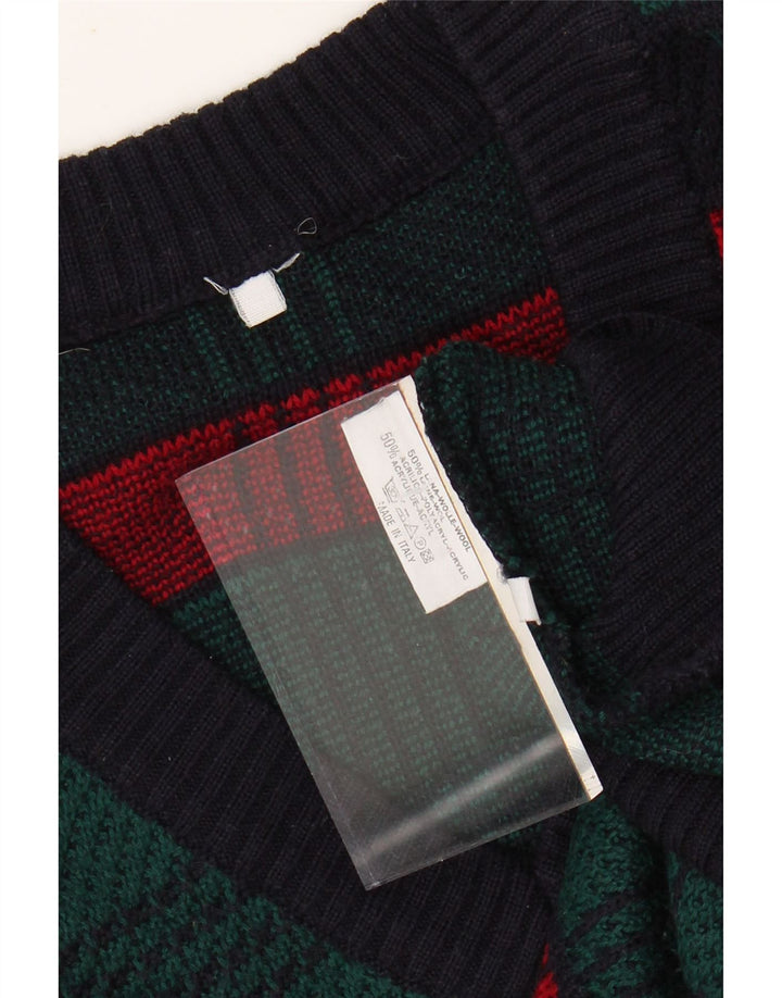 VINTAGE Mens V-Neck Jumper Sweater Large Green Striped Wool